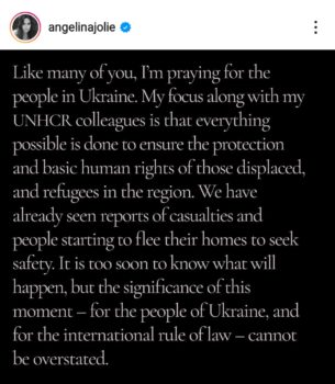 Анджелина Джоли, посланик на ООН, сподели, че се „моли за народа на Украйна“