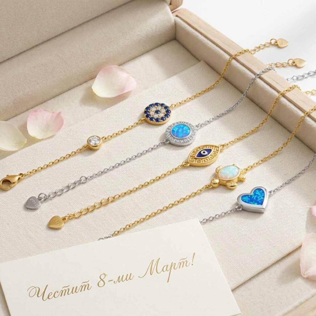 Подарък за 8 март: гривна, която разказва нейната история подарък за 8 март гривни сребро позлата синьо око, назар, костенурка