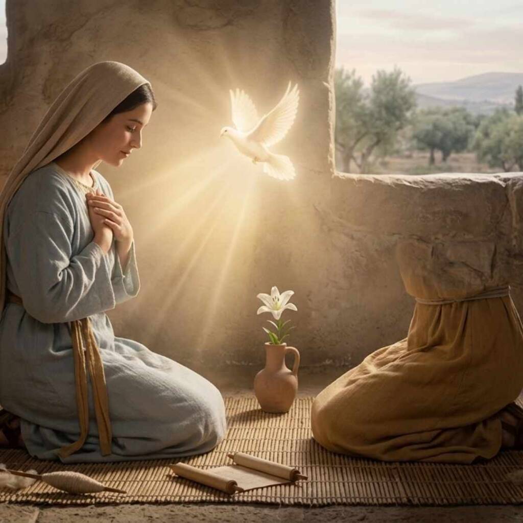 Кога е Благовещение и коя икона на Богородица носи най-голяма благодат? : Историческа илюстрация на Архангел Гавриил и Дева Мария, поясняваща кога е Благовещение и смисъла на този велик празник.