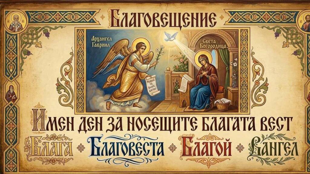 Благовещение имен ден: Какво задължително се подарява на 25 март за здраве и късмет? Православна икона на Архангел Гавраил и Богородица с надпис за благовещение имен ден и списък с имена.