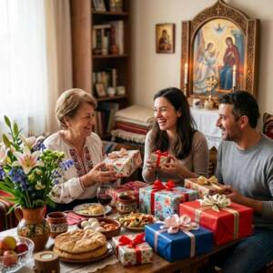 Благовещение имен ден: Какво задължително се подарява на 25 март за здраве и късмет? Семейство празнува Благовещение имен ден около трапеза с питка, цветя и много опаковани подаръци.