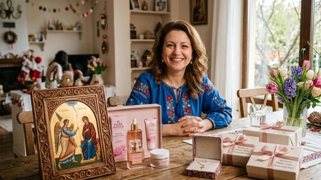 Благовещение имен ден: Какво задължително се подарява на 25 март за здраве и късмет? Усмихната жена пред празнична маса с козметичен комплект и икона за благовещение имен ден.
