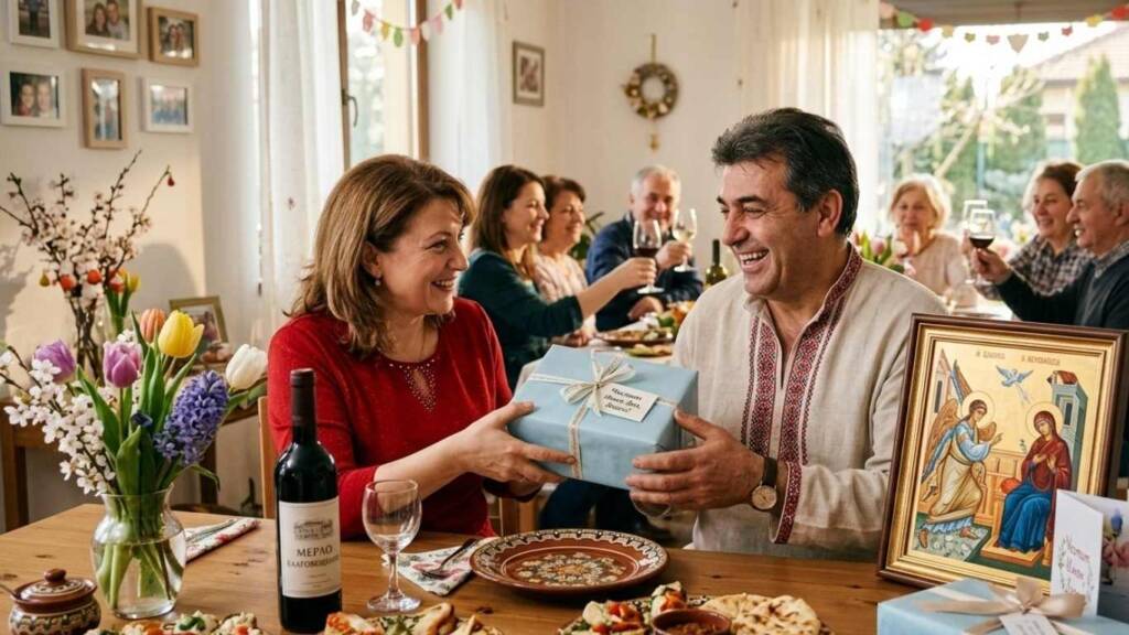 Благовещение имен ден: Какво задължително се подарява на 25 март за здраве и късмет? Жена подарява синя кутия на мъж по време на празничен обяд за благовещение имен ден у дома.