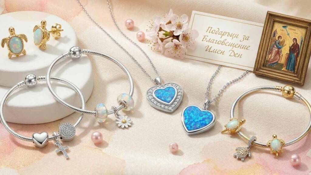 Благовещение имен ден: Какво задължително се подарява на 25 март за здраве и късмет? Сребърни гривни и колиета със сини детайли, подредени като подарък за благовещение имен ден.