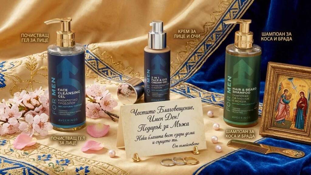 Благовещение имен ден: Какво задължително се подарява на 25 март за здраве и късмет? Комплект козметика за лице и брада с малка икона и поздравителна картичка за благовещение имен ден.