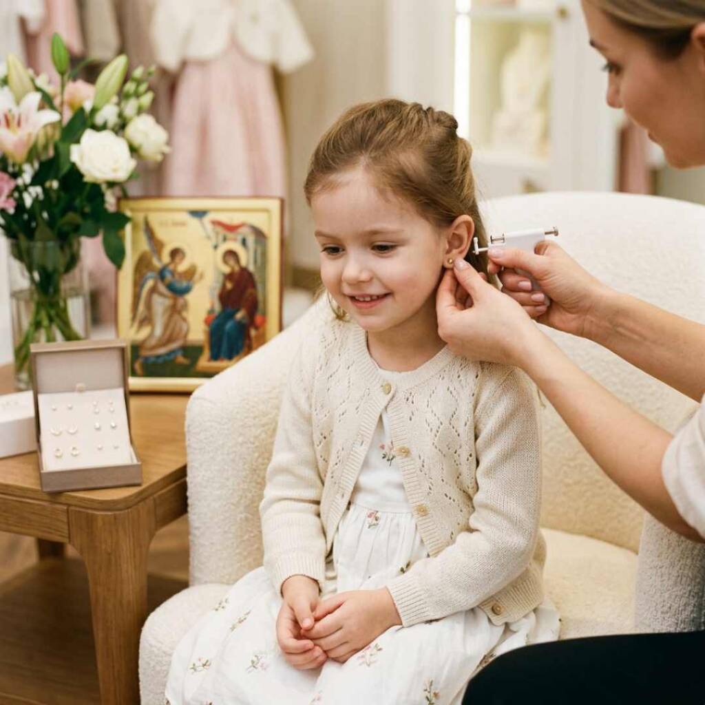 Магията на първите обеци: Всичко за традицията Благовещение, пробиване на уши и детския блясък Благовещение пробиване на уши: процедура за малко момиче с първи златни обеци.