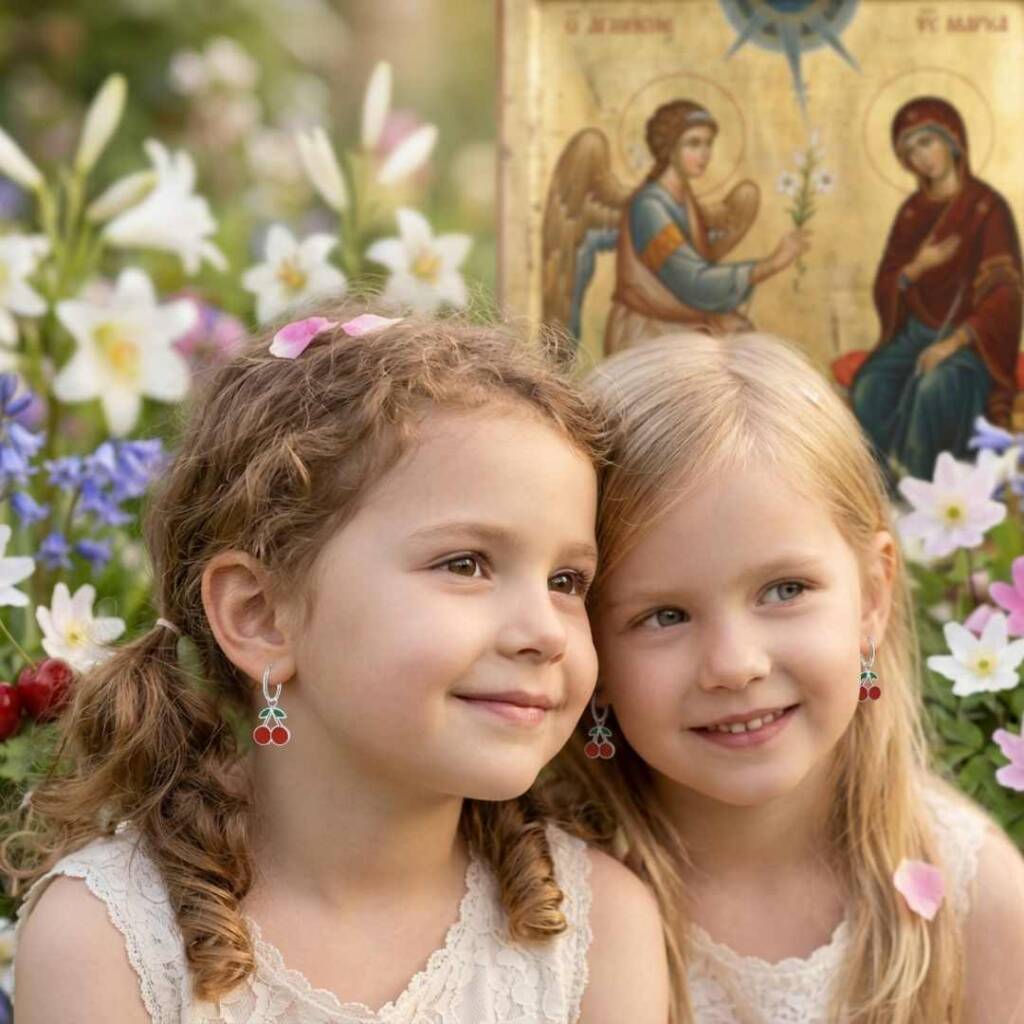 Магията на първите обеци: Всичко за традицията Благовещение, пробиване на уши и детския блясък Първи детски обеци пеперуди сред пролетни цветя и Благовещение пробиване на уши.