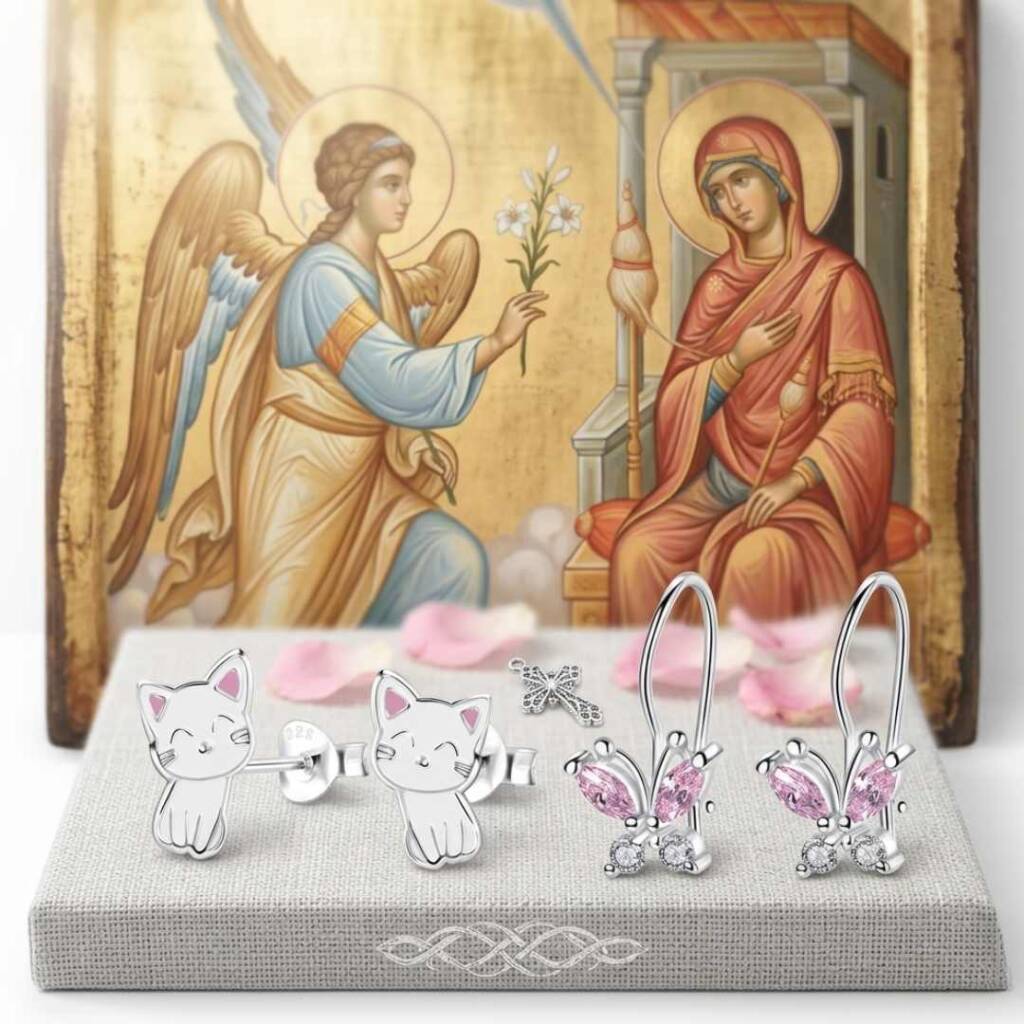 Магията на първите обеци: Всичко за традицията Благовещение, пробиване на уши и детския блясък Сребърни обеци пеперуди и котета за Благовещение пробиване на уши.
