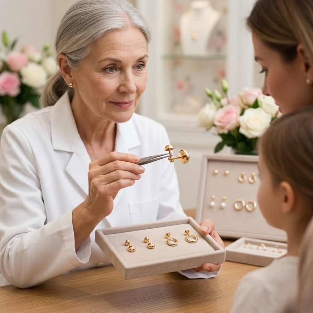 Магията на първите обеци: Всичко за традицията Благовещение, пробиване на уши и детския блясък Професионален избор на златни обеци за Благовещение пробиване на уши.