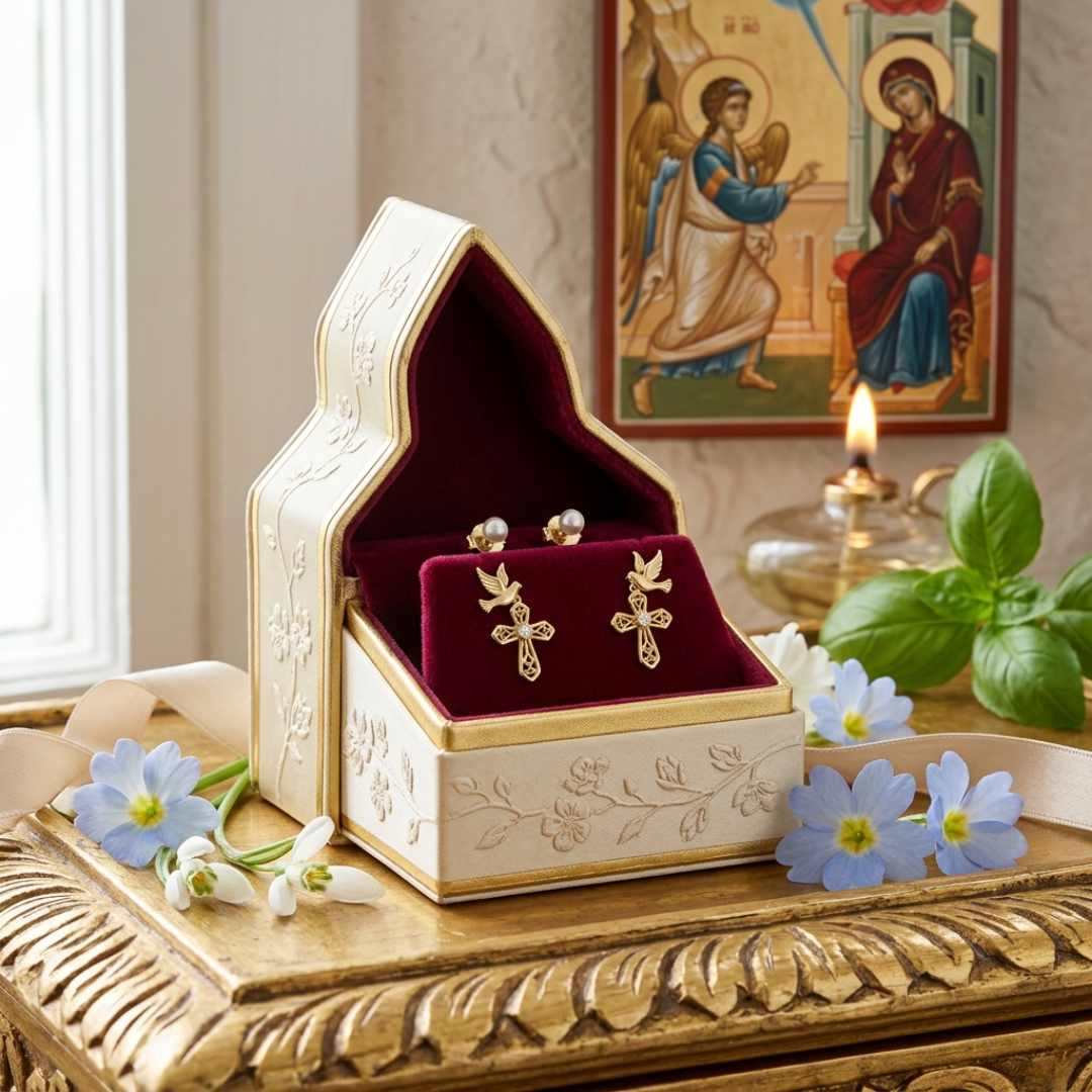 Магията на първите обеци: Всичко за традицията Благовещение, пробиване на уши и детския блясък Луксозен подарък златни обеци пред икона за Благовещение пробиване на уши.