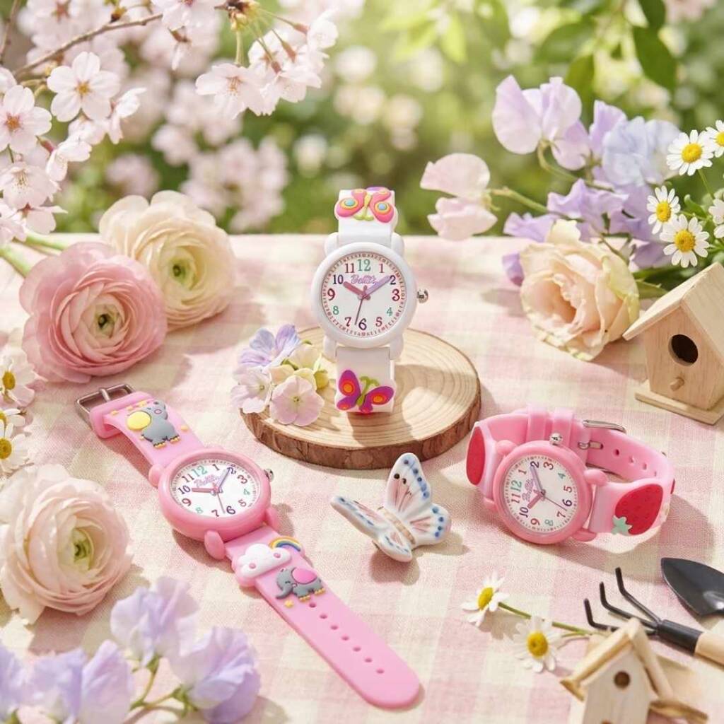 Смяна на времето: Как нов детски часовник ще помогне на детето ви да свикне с режима? Розови детски часовници с пеперуди сред пролетни цветя – идеални при смяна на времето.