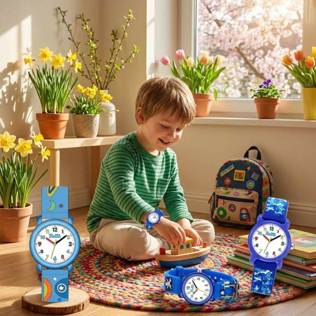 Смяна на времето: Как нов детски часовник ще помогне на детето ви да свикне с режима? Момче със син детски часовник и играчки у дома в очакване на предстоящата смяна на времето.