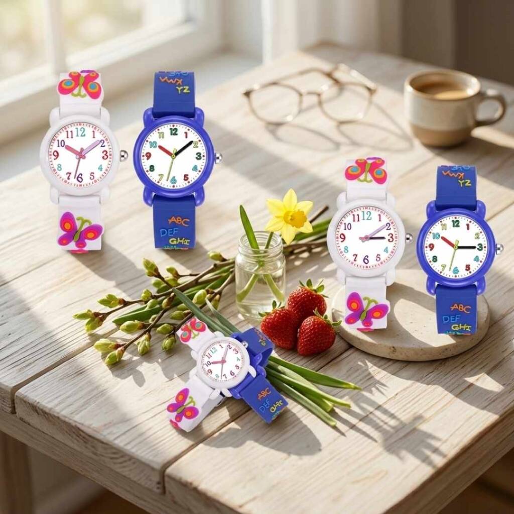 Смяна на времето: Как нов детски часовник ще помогне на детето ви да свикне с режима? Цветни детски часовници и пролетни мотиви върху дървена маса за смяна на времето.