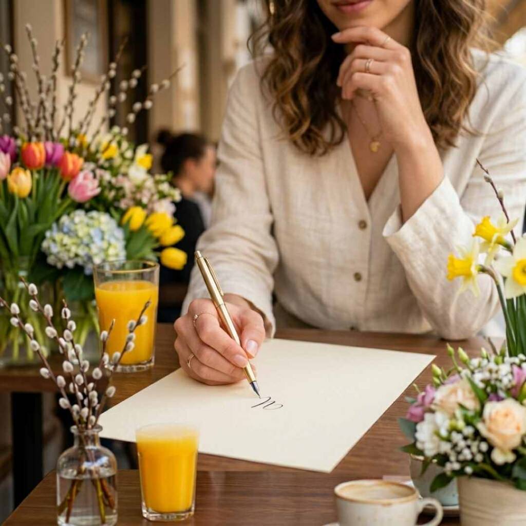 Най-красивите пожелания за Цветница: Как да зарадваме любимите си хора (+ идеи за подаръци) Жена пише на ръка оригинални пожелания за Цветница в уютно кафене с пролетни цветя.
