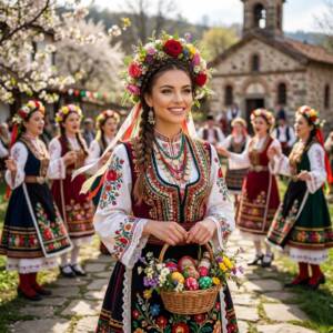 Кога е Лазаровден и защо иконата на Свети Лазар носи здраве на дома? Момиче в народна носия с цветен венец и яйца за празника кога е Лазаровден