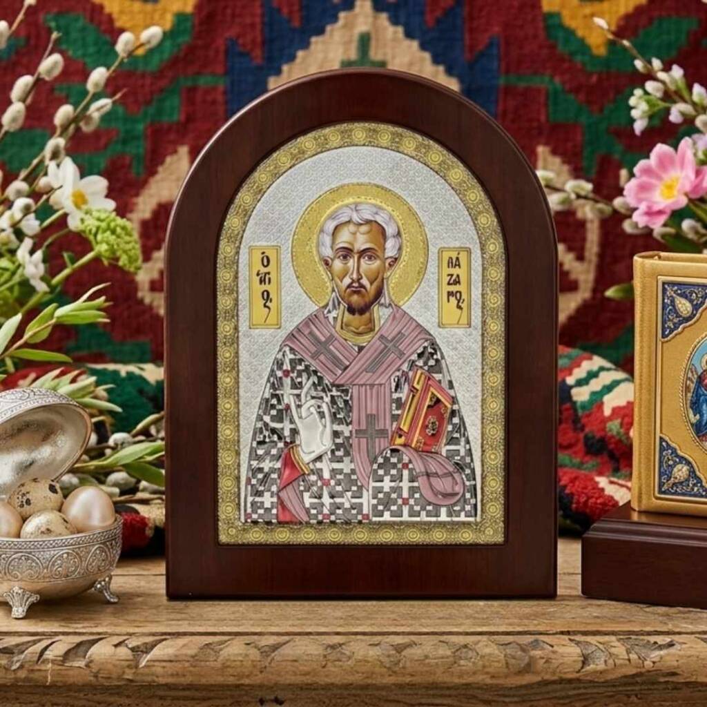 Кога е Лазаровден и защо иконата на Свети Лазар носи здраве на дома? Икона на Свети Лазар със сребърен обков и цветя, напомняща кога е Лазаровден.