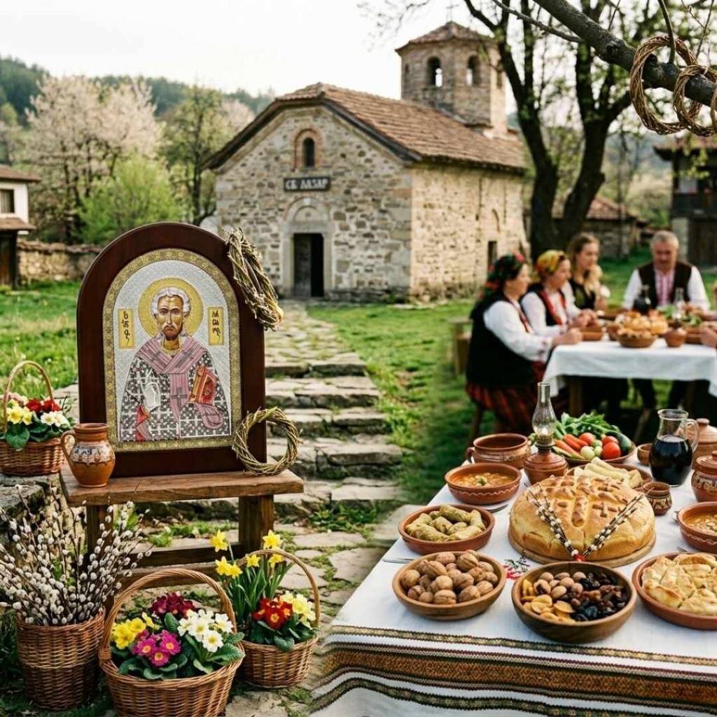 Кога е Лазаровден и защо иконата на Свети Лазар носи здраве на дома? Икона на Свети Лазар пред стара църква и празнична трапеза за кога е Лазаровден.