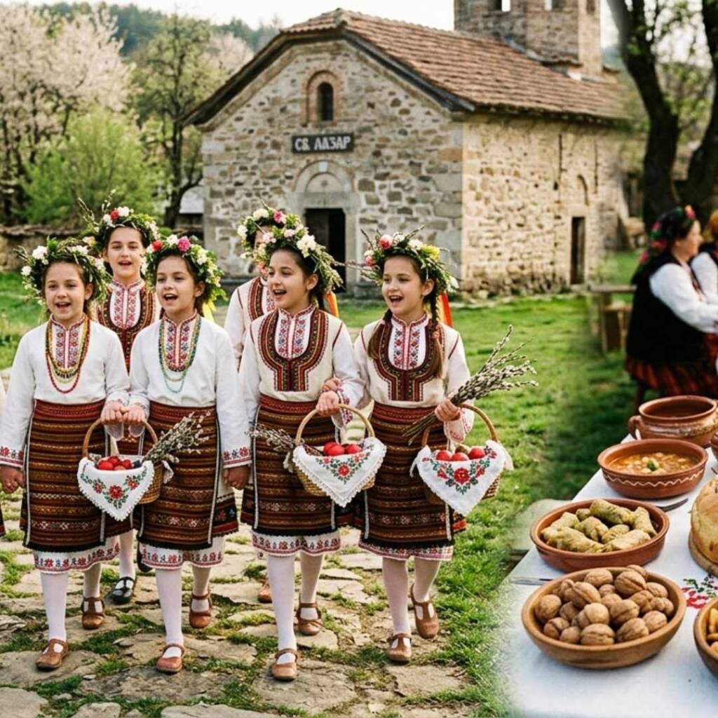 Кога е Лазаровден и защо иконата на Свети Лазар носи здраве на дома? Група девойки в носии около богата трапеза с обредни хлябове за кога е Лазаровден.