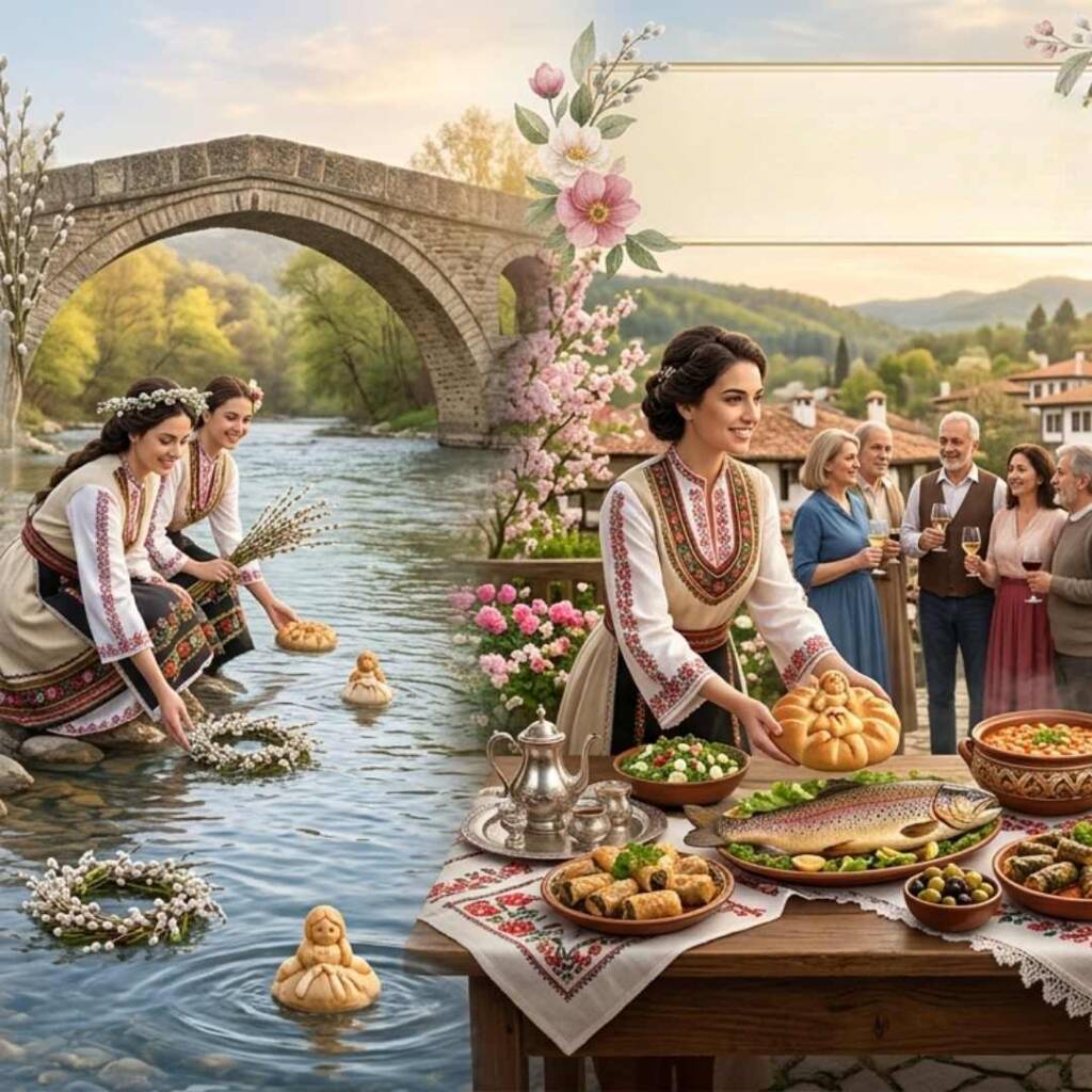 Кога е Цветница и кои икони носят духа на святото място в дома ни? български момичета в носии с обреден хляб и върбови клонки, показващи кога е цветница