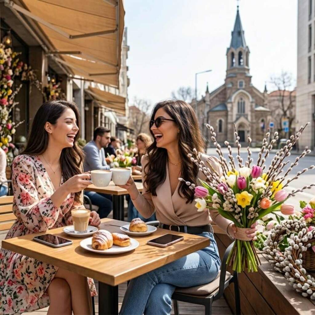 Кога е Цветница и кои икони носят духа на святото място в дома ни? жени пият кафе с върбови клонки и се наслаждават, усещайки кога е цветница