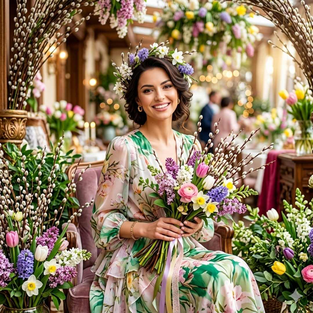 Кога е Цветница и кои икони носят духа на святото място в дома ни? жена с венче и пролетен букет - разберете кога е цветница по аромата на пролетта