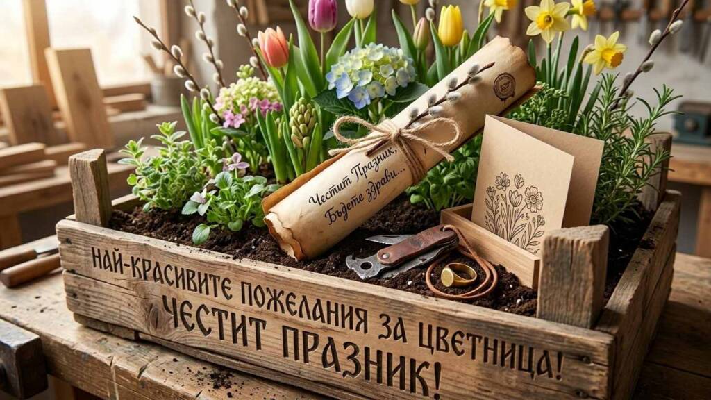 Най-красивите пожелания за Цветница: Как да зарадваме любимите си хора (+ идеи за подаръци) Дървено сандъче с живи цветя и свитък с пожелания за Цветница поднесени нестандартно.