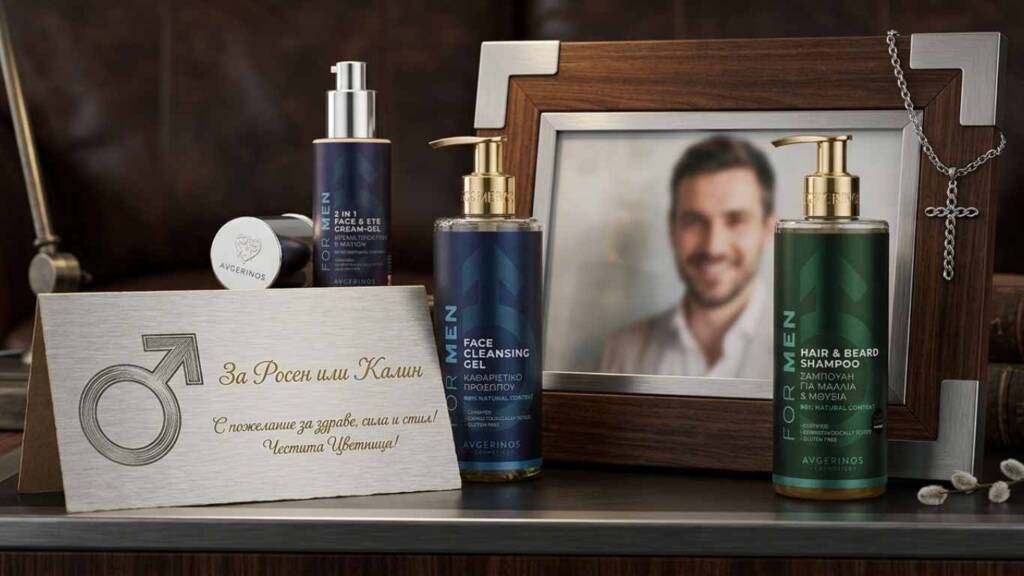 Най-красивите пожелания за Цветница: Как да зарадваме любимите си хора (+ идеи за подаръци) Мъжка козметика и стилна картичка с пожелания за Цветница за мъж (Росен или Калин).