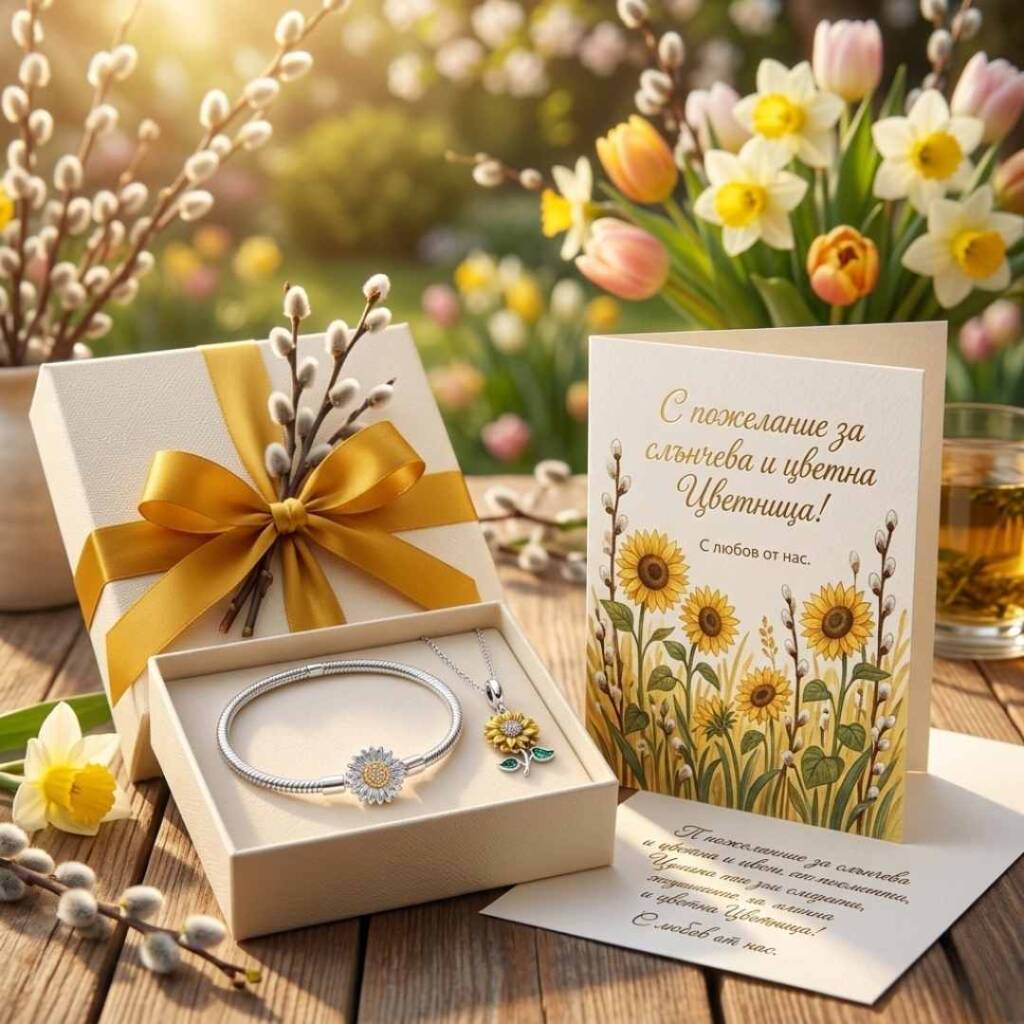 Най-красивите пожелания за Цветница: Как да зарадваме любимите си хора (+ идеи за подаръци) Подаръчна кутия с бижу слънчоглед и картичка със слънчеви пожелания за Цветница.
