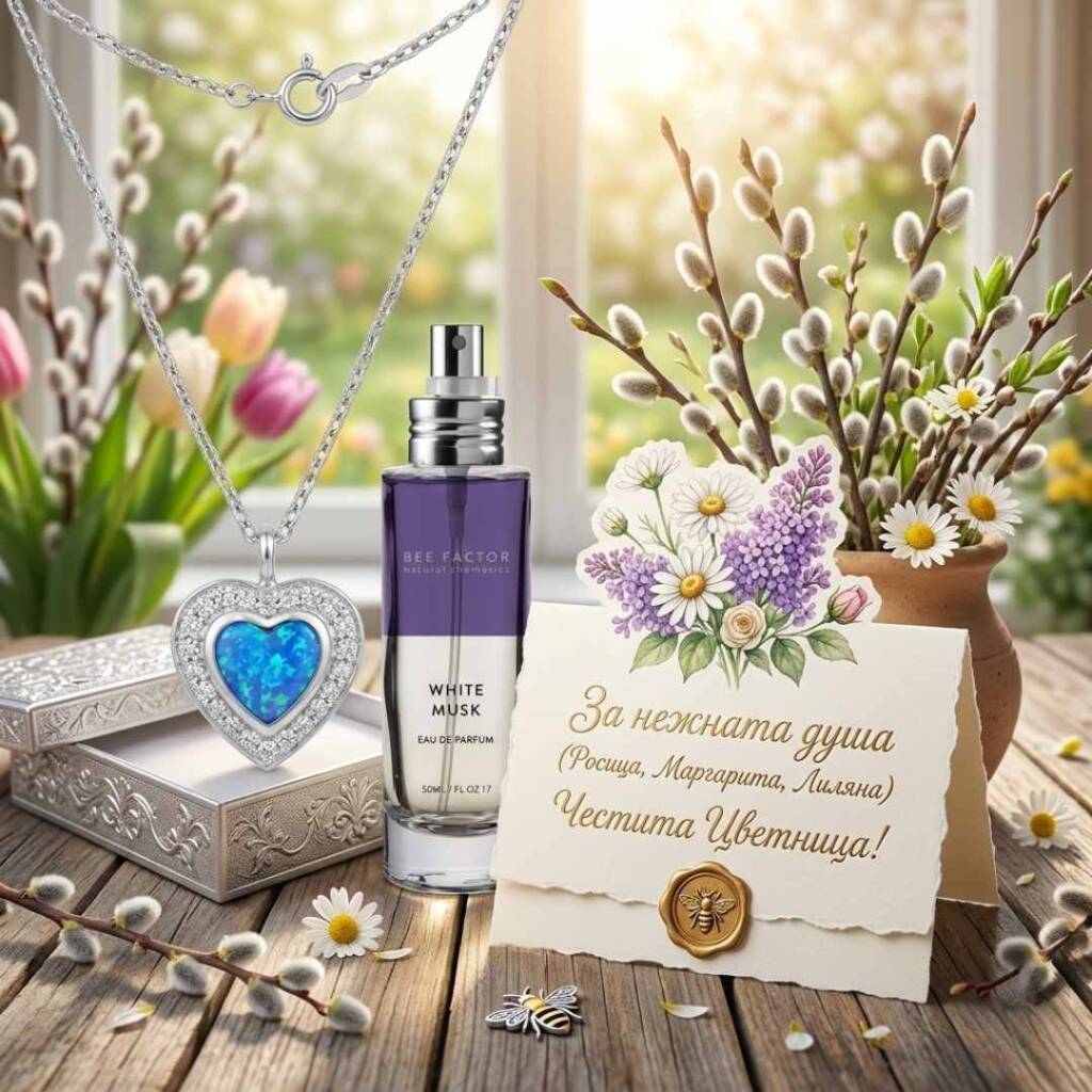 Най-красивите пожелания за Цветница: Как да зарадваме любимите си хора (+ идеи за подаръци) Сребърно колие, парфюм и картичка за „нежна душа“ с пожелания за Цветница.