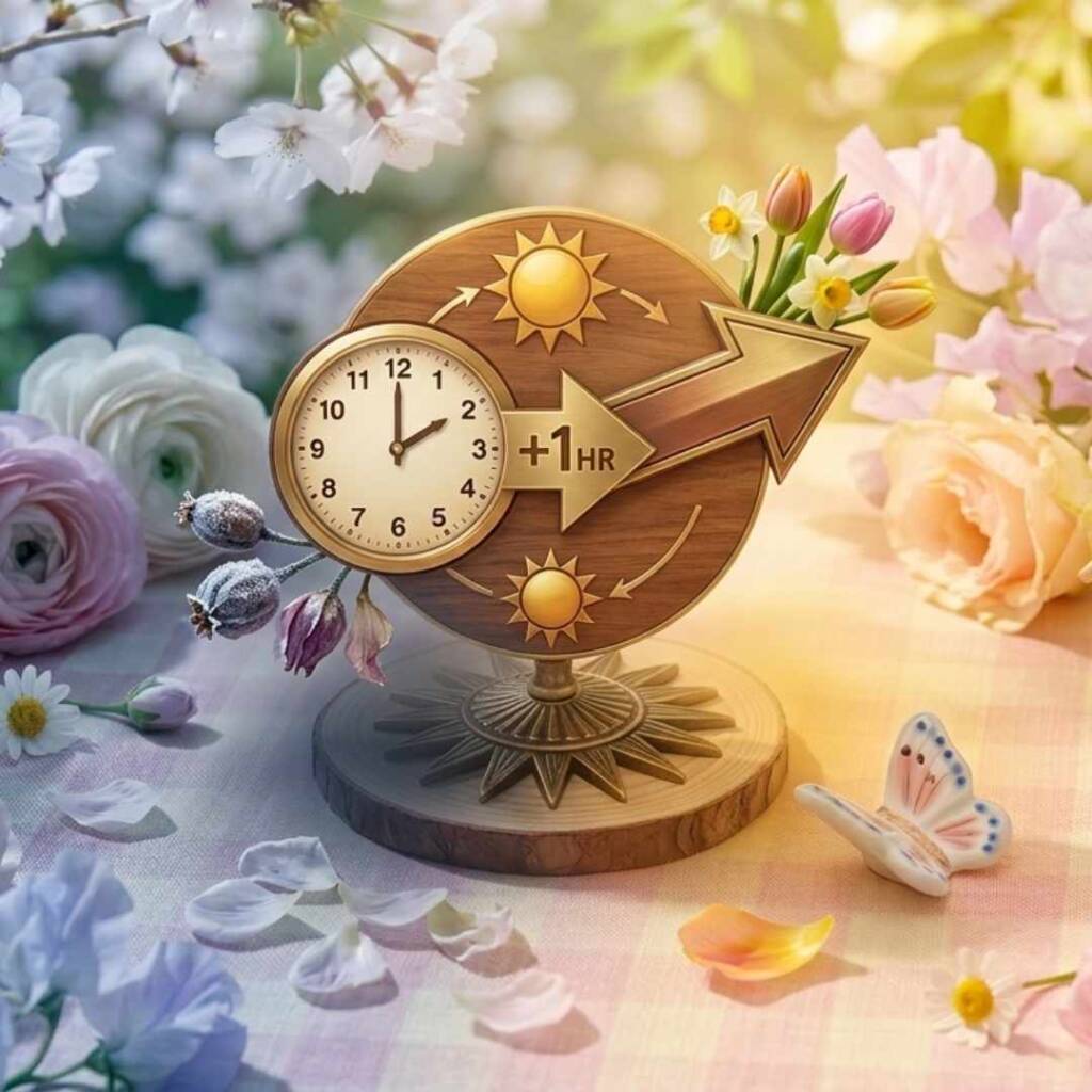 Смяна на времето: Как нов детски часовник ще помогне на детето ви да свикне с режима? Декоративен часовник със символ +1 час и цветя, илюстриращ сезонната смяна на времето.