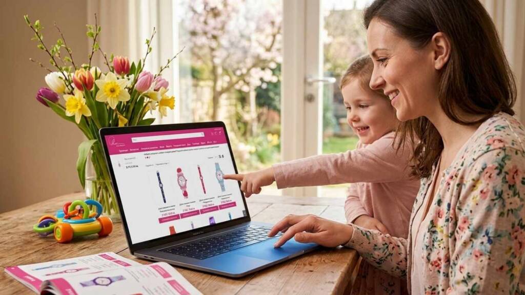 Смяна на времето: Как нов детски часовник ще помогне на детето ви да свикне с режима? Майка и дете избират нов модел онлайн при наближаващата смяна на времето.