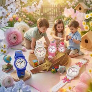 Смяна на времето: Как нов детски часовник ще помогне на детето ви да свикне с режима? Деца сред цветя разглеждат нови часовници със стрелка +1ч за смяна на времето.