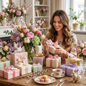 Цветница имен ден: Кой е най-благословеният подарък за празника? Усмихната жена отваря подарък, подготвен за Цветница, имен ден.