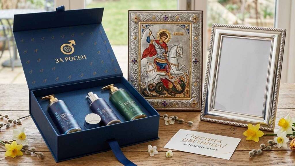 Цветница имен ден: Кой е най-благословеният подарък за празника? Мъжка козметика и икона на Свети Георги, подготвени за Цветница, имен ден.