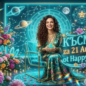 жена с тюркоазена рокля представя дневно късметче за 21 април 2026 от HappyWoman.bg