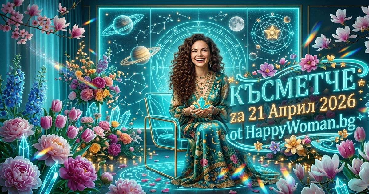 жена с тюркоазена рокля представя дневно късметче за 21 април 2026 от HappyWoman.bg