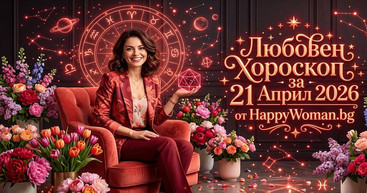 усмихната жена представя любовен хороскоп за 21 април 2026 за всяка зодия от HappyWoman.bg
