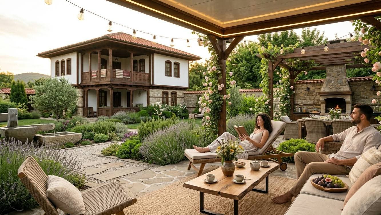 Модерната градина – зелена зона, барбекю зона, релакс зона и зона за игри Релакс зоната в модерната градина