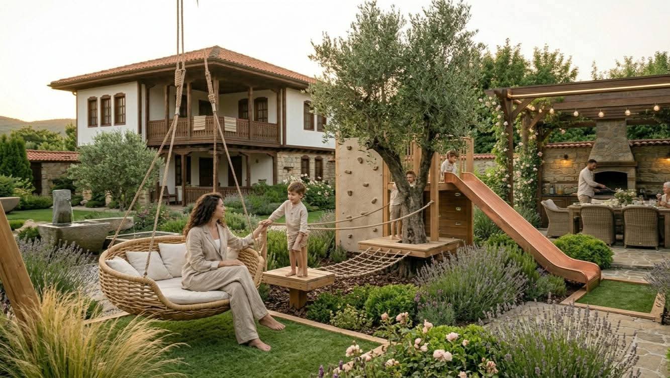 Модерната градина – зелена зона, барбекю зона, релакс зона и зона за игри Зоната за игри в модерната градина