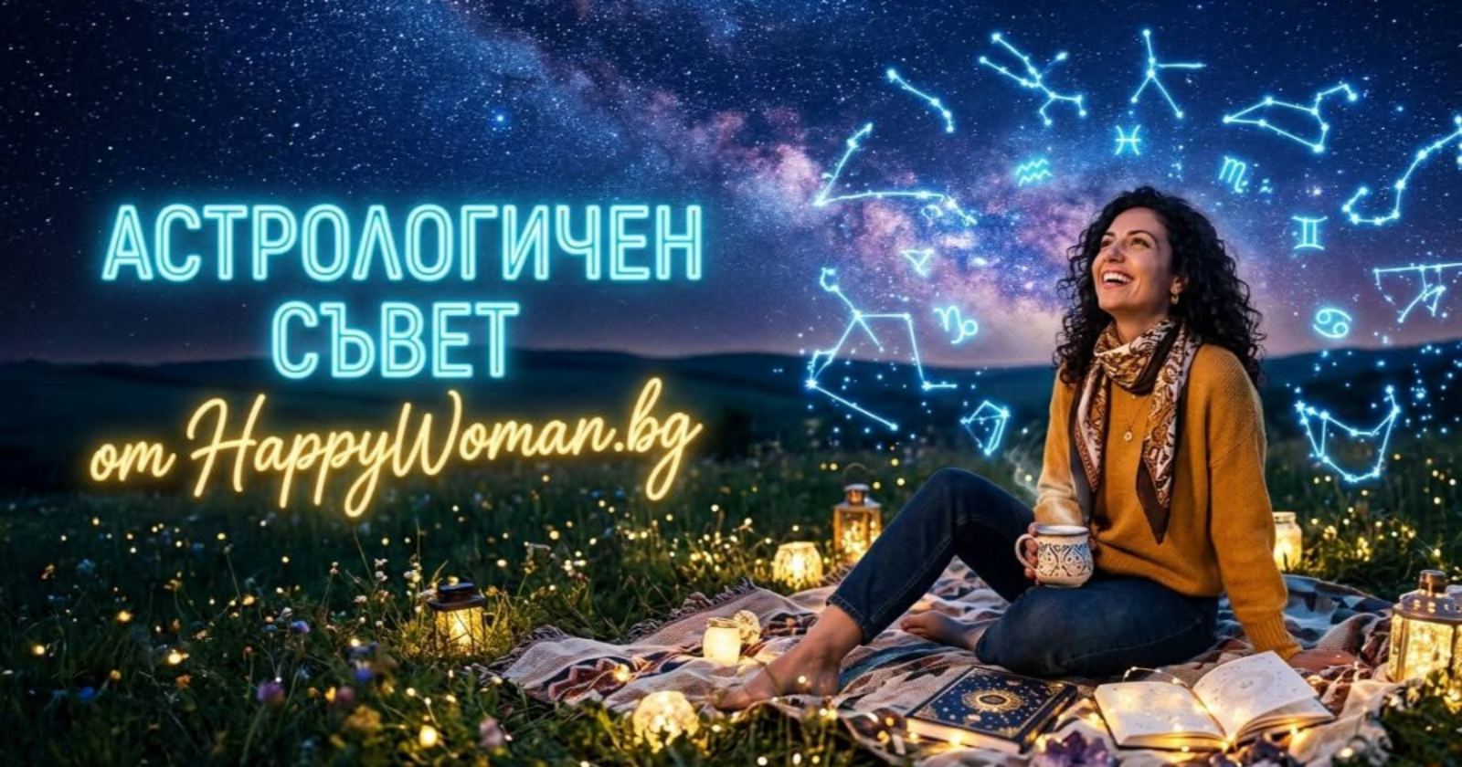 Астрологичен съвет от HappyWoman.bg – жена гледа звездното небе с зодиакални съзвездия