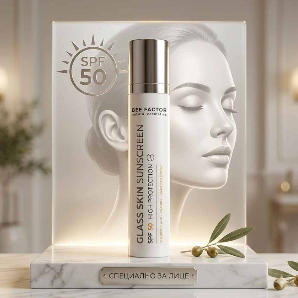 Слънцезащита за лице: Всичко, което трябва да знаете преди първите слънчеви лъчи Флакон със слънцезащита за лице SPF 50 от серията Glass Skin на Bee Factor.