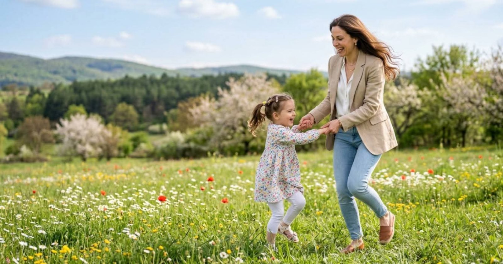 Майка и малко дете играят в цъфтяща пролетна ливада – рубрика Деца на HappyWoman.bg