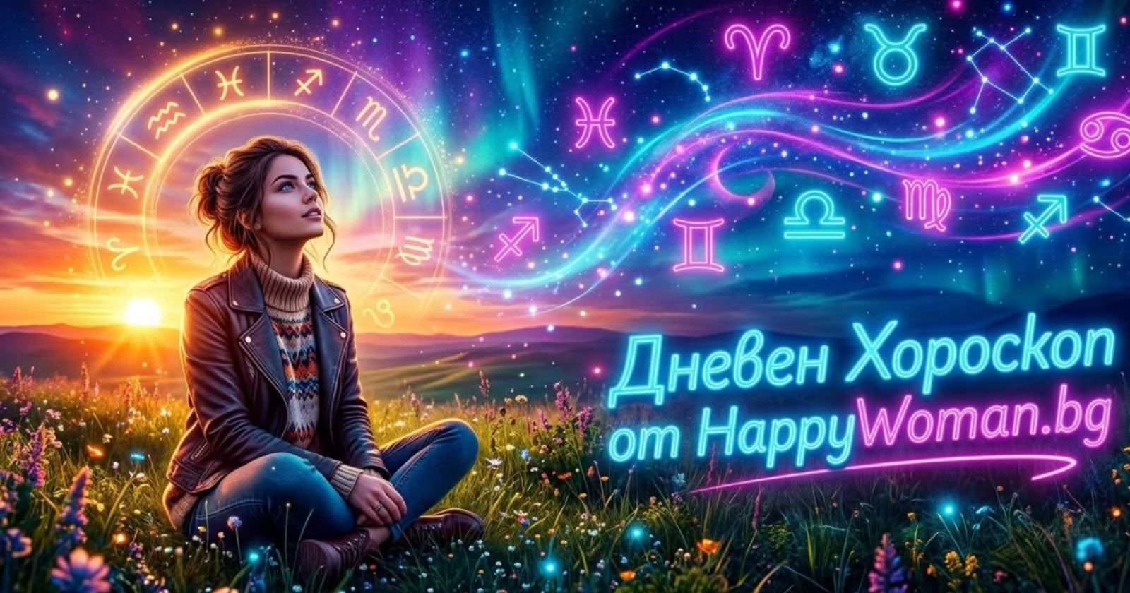 Дневен хороскоп от HappyWoman.bg – жена гледа към зодиакален кръг на фона на залез