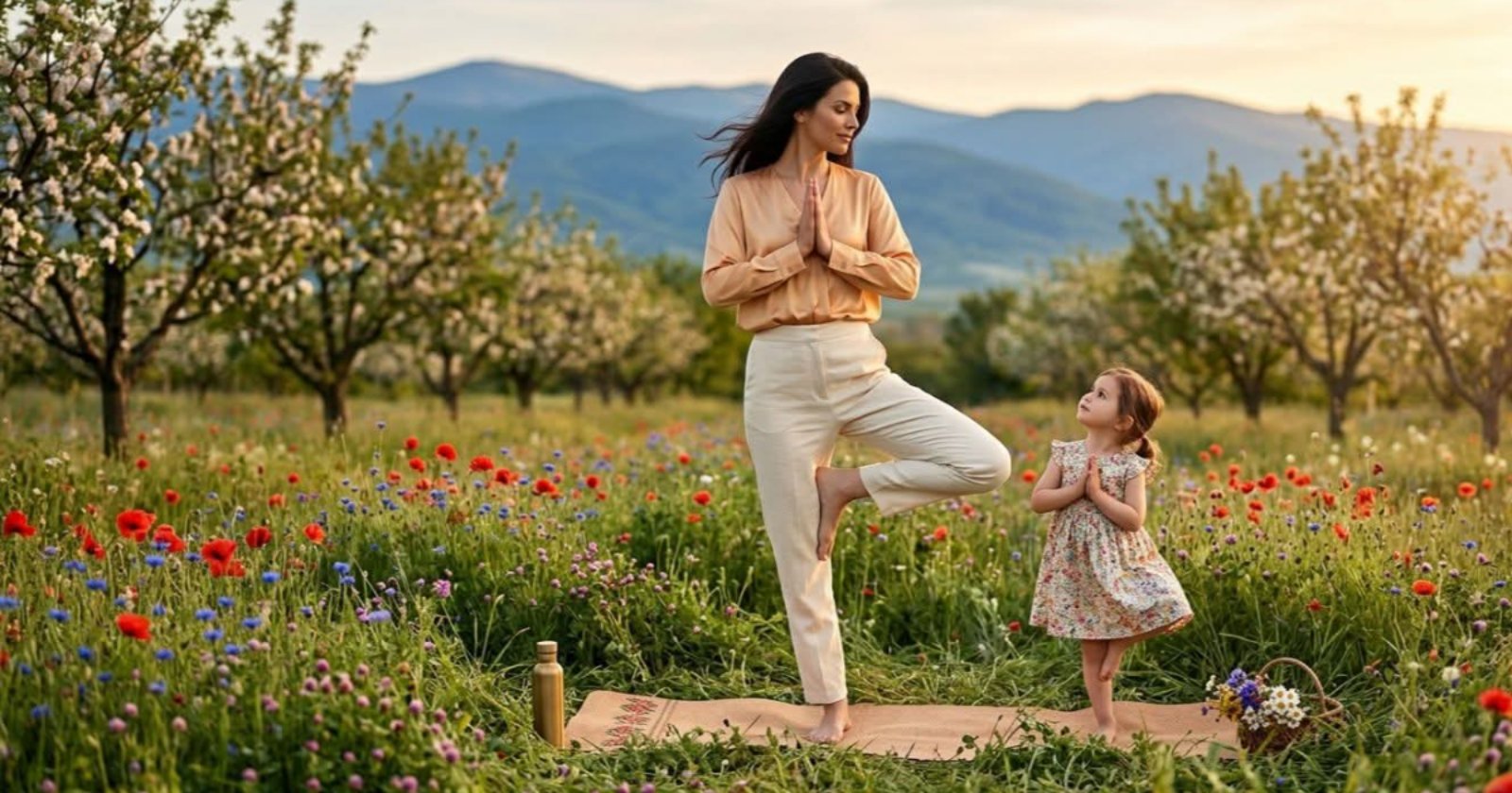 Майка прави йога с дъщеря си сред полски цветя и планини – Добра форма на HappyWoman.bg