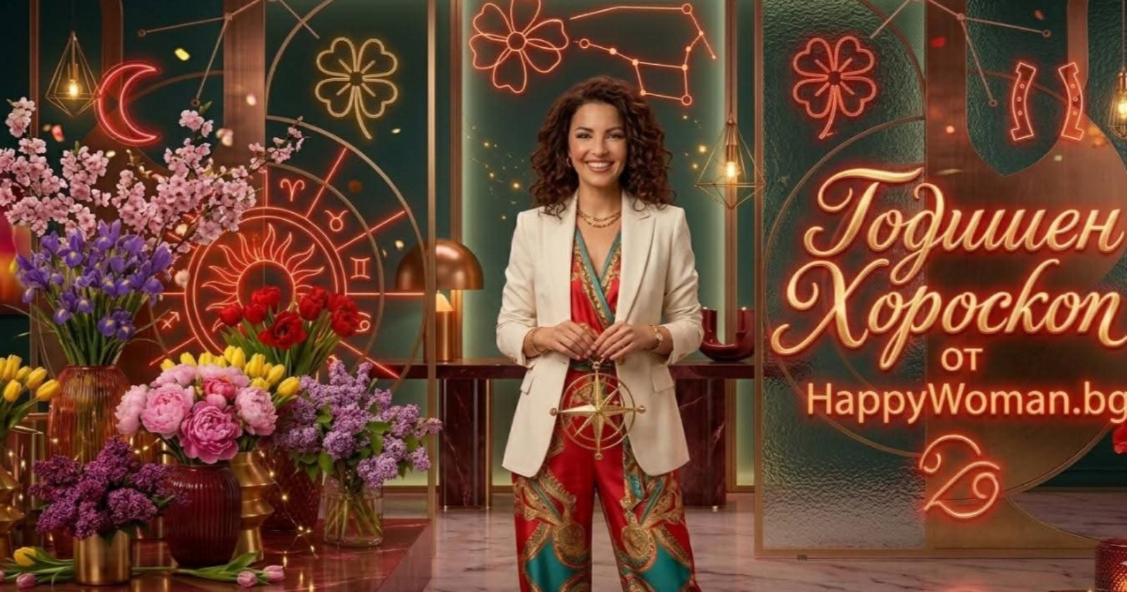 Годишен хороскоп от HappyWoman.bg – водеща с компас на фон от зодиакални символи и цветя