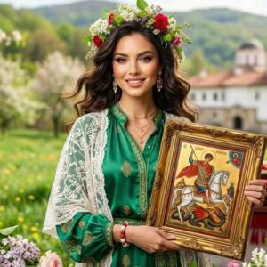 Млада жена в народна носия с венец от цветя, държаща златна икона на Свети Георги Победоносец.