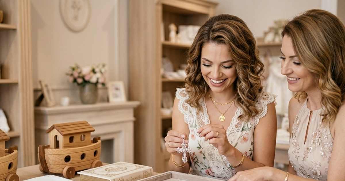 Магията на подаръчните комплекти за кръщене: как да направим празника незабравим: Дами разглеждат деликатни кръстове и комплекти за кръщене.