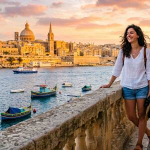 Екскурзия до Малта: 8 причини да посетите острова през 2026 Усмихната жена стои на каменна тераса пред залива, на чийто отсрещен бряг се вижда куполът на голяма катедрала по време на екскурзия до Малта.