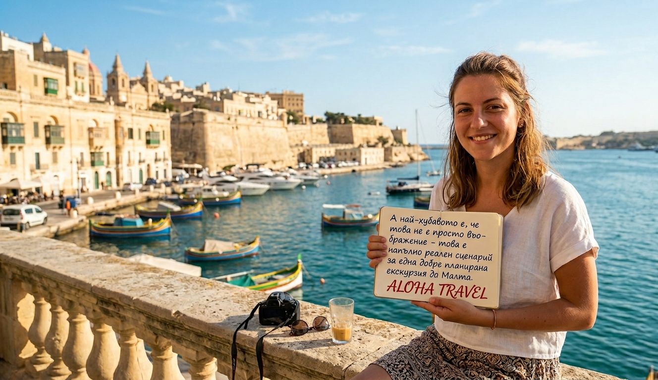 Екскурзия до Малта: 8 причини да посетите острова през 2026 Млада жена пред морето на екскурзия в Малта държи отворен тефтер с ръкописен текст на български език и логото Aloha Travel.