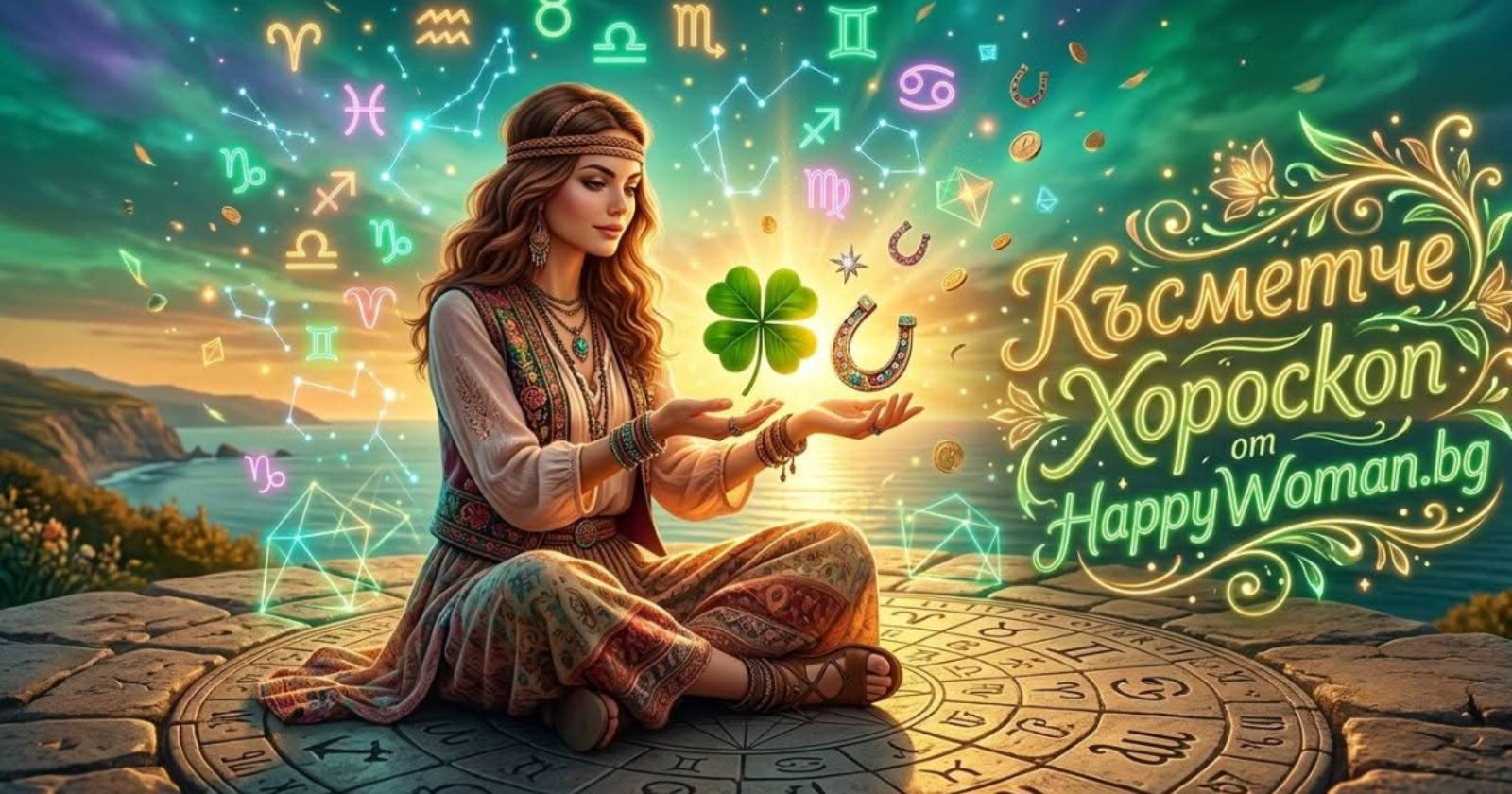 Късметче хороскоп от HappyWoman.bg – жена с четирилистна детелина и подкова на залез